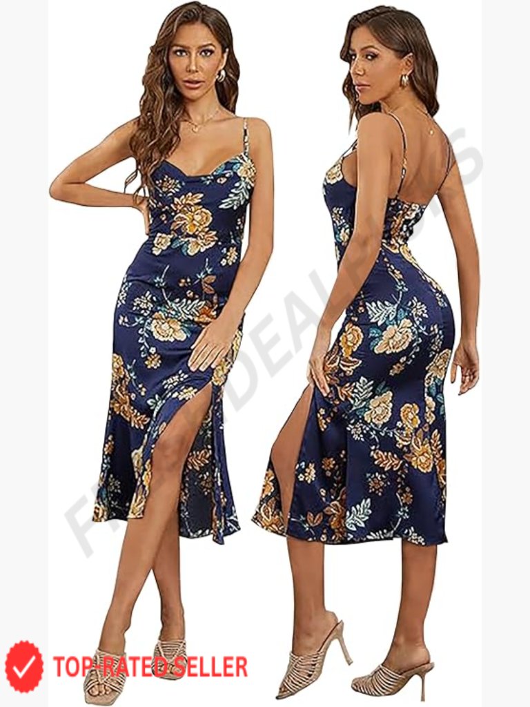 Sleeveless Satin Mermaid Midi Dress Adjustable Straps Cowl Neck Backless